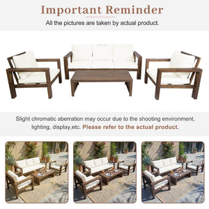 English Elm 4 Piece Acacia Wood Outdoor Conversation Set with Sofa Armchairs and Coffee Table Mocha + Beige Cushion N719Z000250D