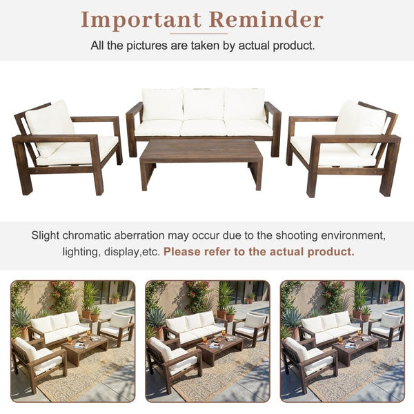 English Elm 4 Piece Acacia Wood Outdoor Conversation Set with Sofa Armchairs and Coffee Table Mocha + Beige Cushion N719Z000250D