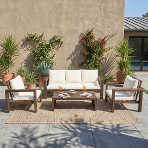 English Elm 4 Piece Acacia Wood Outdoor Conversation Set with Sofa Armchairs and Coffee Table Mocha + Beige Cushion N719Z000250D