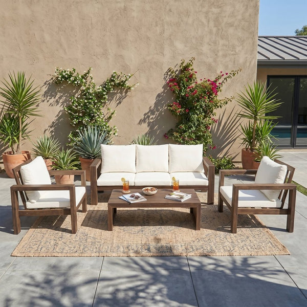 English Elm 4 Piece Acacia Wood Outdoor Conversation Set with Sofa Armchairs and Coffee Table Mocha + Beige Cushion N719Z000250D