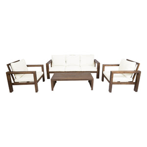 English Elm 4 Piece Acacia Wood Outdoor Conversation Set with Sofa Armchairs and Coffee Table Mocha + Beige Cushion N719Z000250D