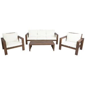 English Elm 4 Piece Acacia Wood Outdoor Conversation Set with Sofa Armchairs and Coffee Table Mocha + Beige Cushion N719Z000250D
