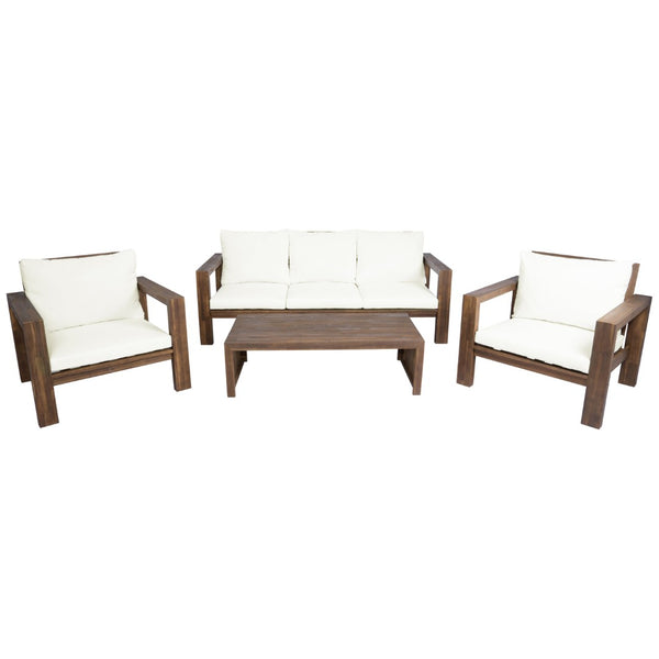 English Elm 4 Piece Acacia Wood Outdoor Conversation Set with Sofa Armchairs and Coffee Table Mocha + Beige Cushion N719Z000250D