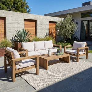 English Elm 4 Piece Acacia Wood Outdoor Conversation Set with Sofa Armchairs and Coffee Table Light Teak + Beige Cushion N719Z000250L