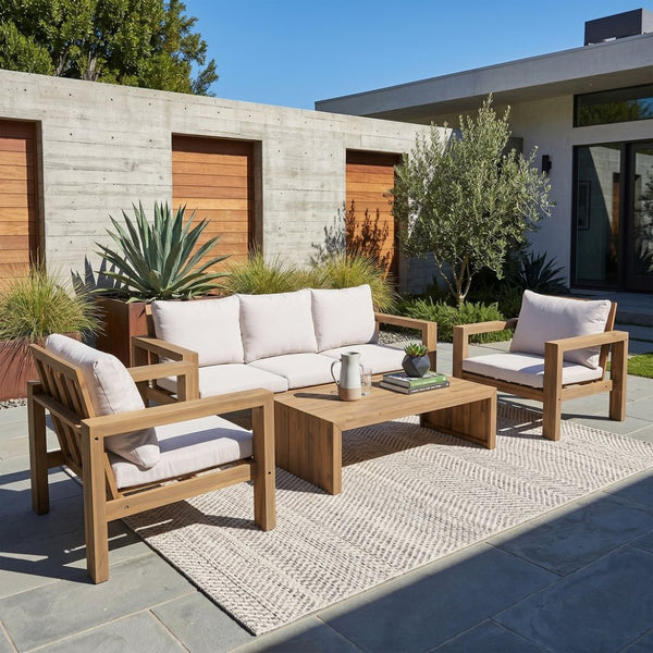 English Elm 4 Piece Acacia Wood Outdoor Conversation Set with Sofa Armchairs and Coffee Table Light Teak + Beige Cushion N719Z000250L