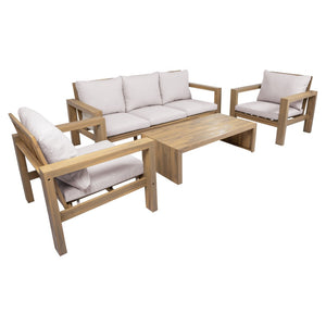 English Elm 4 Piece Acacia Wood Outdoor Conversation Set with Sofa Armchairs and Coffee Table Light Teak + Beige Cushion N719Z000250L
