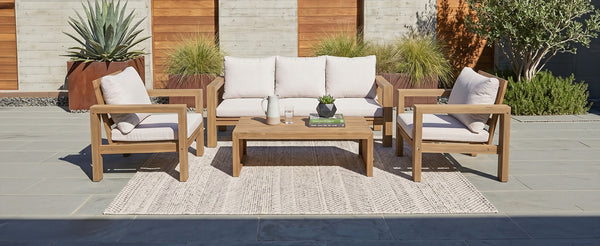 English Elm 4 Piece Acacia Wood Outdoor Conversation Set with Sofa Armchairs and Coffee Table Light Teak + Beige Cushion N719Z000250L