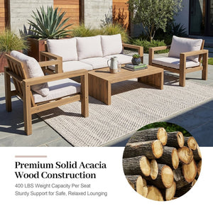 English Elm 4 Piece Acacia Wood Outdoor Conversation Set with Sofa Armchairs and Coffee Table Light Teak + Beige Cushion N719Z000250L