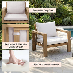 English Elm 4 Piece Acacia Wood Outdoor Conversation Set with Sofa Armchairs and Coffee Table Light Teak + Beige Cushion N719Z000250L