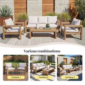 English Elm 4 Piece Acacia Wood Outdoor Conversation Set with Sofa Armchairs and Coffee Table Light Teak + Beige Cushion N719Z000250L