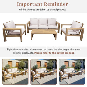 English Elm 4 Piece Acacia Wood Outdoor Conversation Set with Sofa Armchairs and Coffee Table Light Teak + Beige Cushion N719Z000250L