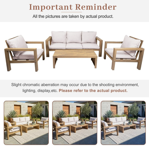 English Elm 4 Piece Acacia Wood Outdoor Conversation Set with Sofa Armchairs and Coffee Table Light Teak + Beige Cushion N719Z000250L