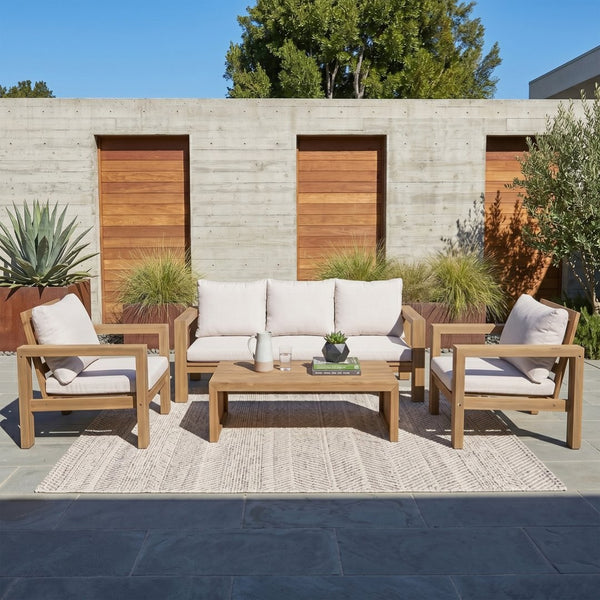 English Elm 4 Piece Acacia Wood Outdoor Conversation Set with Sofa Armchairs and Coffee Table Light Teak + Beige Cushion N719Z000250L