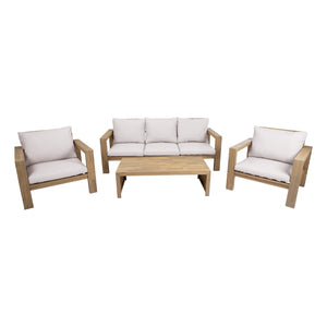 English Elm 4 Piece Acacia Wood Outdoor Conversation Set with Sofa Armchairs and Coffee Table Light Teak + Beige Cushion N719Z000250L