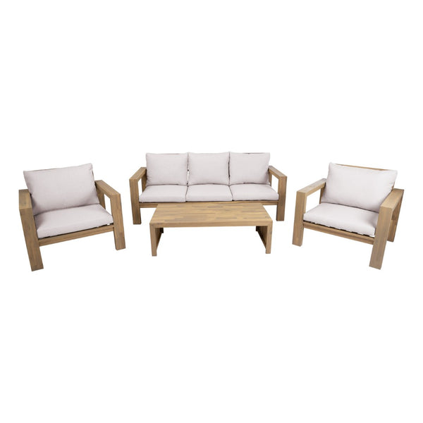 English Elm 4 Piece Acacia Wood Outdoor Conversation Set with Sofa Armchairs and Coffee Table Light Teak + Beige Cushion N719Z000250L