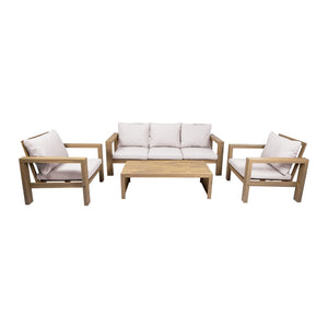 English Elm 4 Piece Acacia Wood Outdoor Conversation Set with Sofa Armchairs and Coffee Table Light Teak + Beige Cushion N719Z000250L