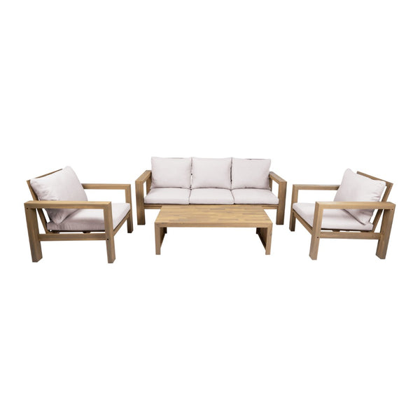 English Elm 4 Piece Acacia Wood Outdoor Conversation Set with Sofa Armchairs and Coffee Table Light Teak + Beige Cushion N719Z000250L