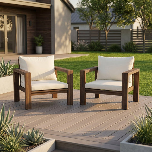 English Elm Outdoor Acacia Wood Patio Chair Set Two Deep Seat Armchairs with Washable Cushions Mocha N719Z000251D
