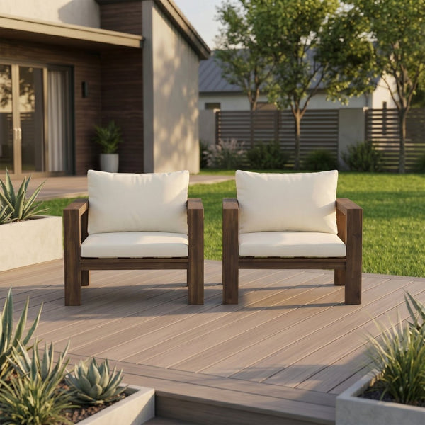 English Elm Outdoor Acacia Wood Patio Chair Set Two Deep Seat Armchairs with Washable Cushions Mocha N719Z000251D