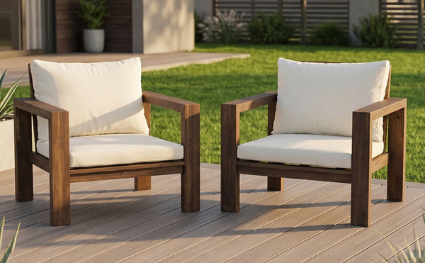 English Elm Outdoor Acacia Wood Patio Chair Set Two Deep Seat Armchairs with Washable Cushions Mocha N719Z000251D