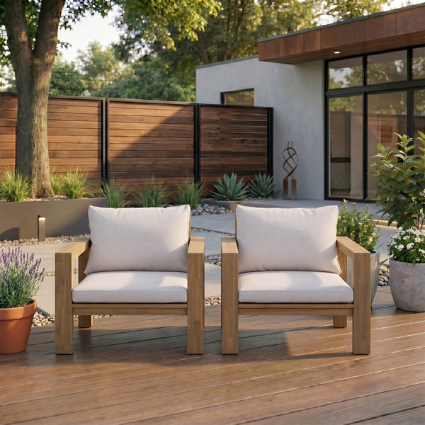 English Elm Outdoor Acacia Wood Patio Chair Set Two Deep Seat Armchairs with Washable Cushions Light Teak N719Z000251L