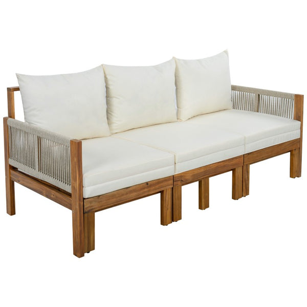 English Elm Outdoor Acacia Wood Daybed Sofa with Rope Woven Arms Converts to Poolside Sunbed Beige N719Z000260A