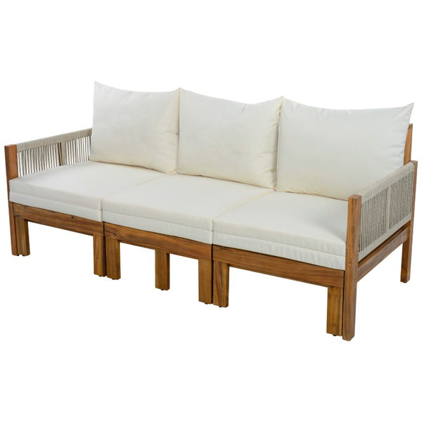 English Elm Outdoor Acacia Wood Daybed Sofa with Rope Woven Arms Converts to Poolside Sunbed Beige N719Z000260A