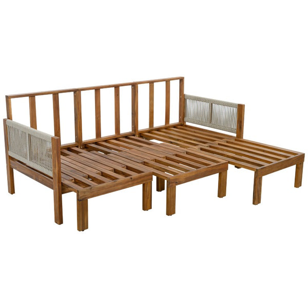English Elm Outdoor Acacia Wood Daybed Sofa with Rope Woven Arms Converts to Poolside Sunbed Beige N719Z000260A