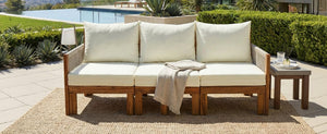 English Elm Outdoor Acacia Wood Daybed Sofa with Rope Woven Arms Converts to Poolside Sunbed Beige N719Z000260A