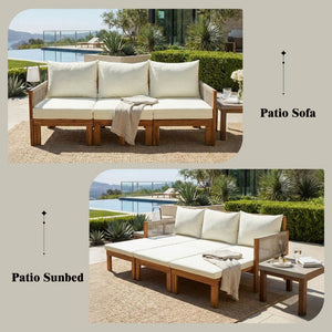 English Elm Outdoor Acacia Wood Daybed Sofa with Rope Woven Arms Converts to Poolside Sunbed Beige N719Z000260A