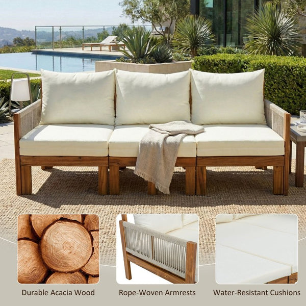 English Elm Outdoor Acacia Wood Daybed Sofa with Rope Woven Arms Converts to Poolside Sunbed Beige N719Z000260A