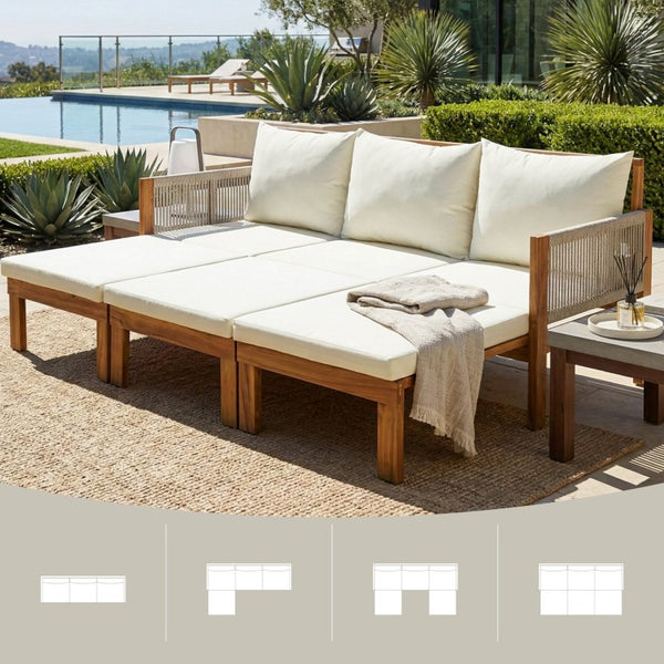 English Elm Outdoor Acacia Wood Daybed Sofa with Rope Woven Arms Converts to Poolside Sunbed Beige N719Z000260A