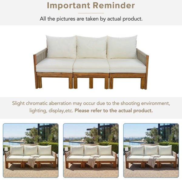 English Elm Outdoor Acacia Wood Daybed Sofa with Rope Woven Arms Converts to Poolside Sunbed Beige N719Z000260A