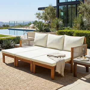 English Elm Outdoor Acacia Wood Daybed Sofa with Rope Woven Arms Converts to Poolside Sunbed Beige N719Z000260A