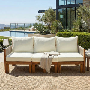 English Elm Outdoor Acacia Wood Daybed Sofa with Rope Woven Arms Converts to Poolside Sunbed Beige N719Z000260A