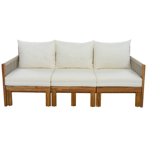 English Elm Outdoor Acacia Wood Daybed Sofa with Rope Woven Arms Converts to Poolside Sunbed Beige N719Z000260A