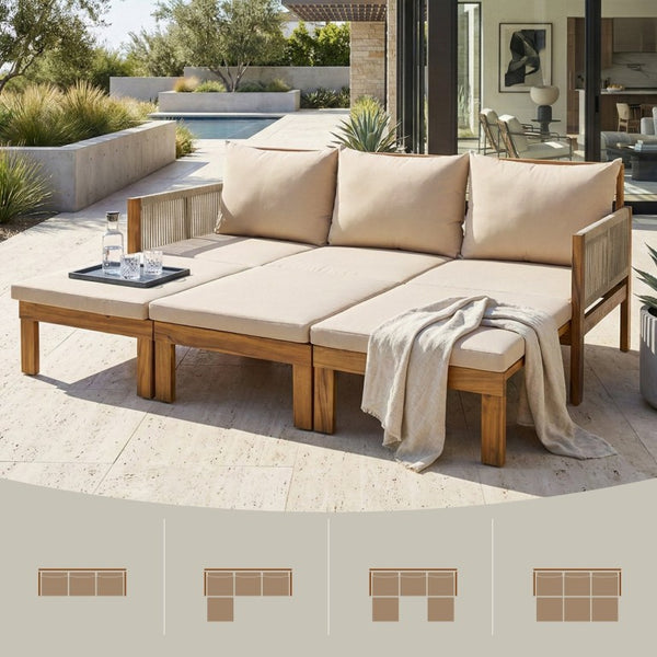 English Elm Outdoor Acacia Wood Daybed Sofa with Rope Woven Arms Converts to Poolside Sunbed Brown N719Z000260D