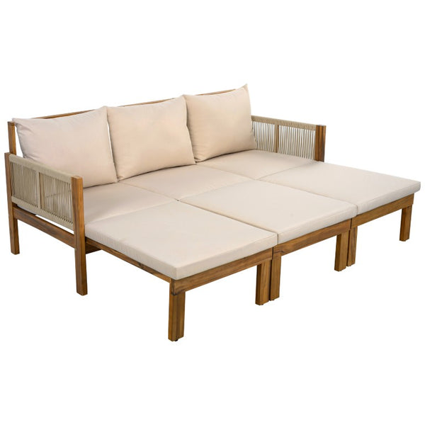 English Elm Outdoor Acacia Wood Daybed Sofa with Rope Woven Arms Converts to Poolside Sunbed Brown N719Z000260D
