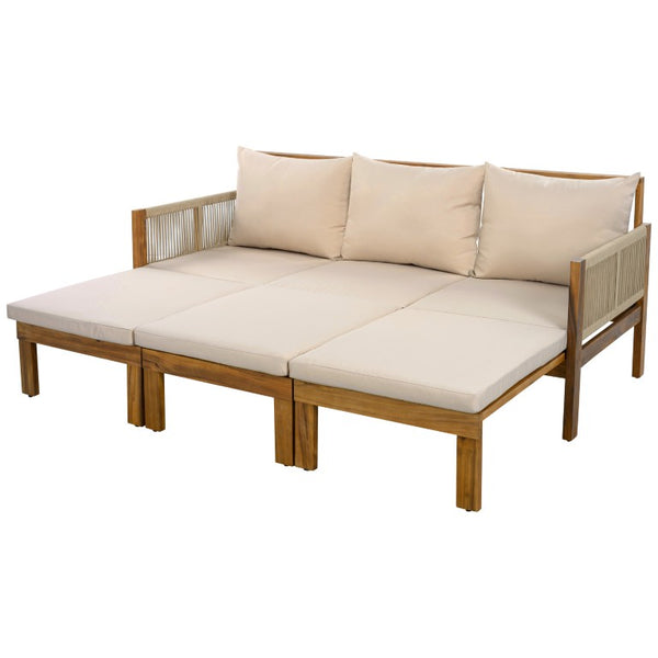 English Elm Outdoor Acacia Wood Daybed Sofa with Rope Woven Arms Converts to Poolside Sunbed Brown N719Z000260D
