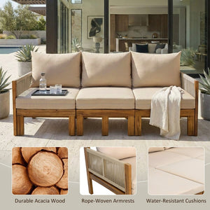English Elm Outdoor Acacia Wood Daybed Sofa with Rope Woven Arms Converts to Poolside Sunbed Brown N719Z000260D