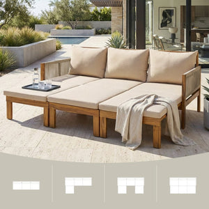 English Elm Outdoor Acacia Wood Daybed Sofa with Rope Woven Arms Converts to Poolside Sunbed Brown N719Z000260D