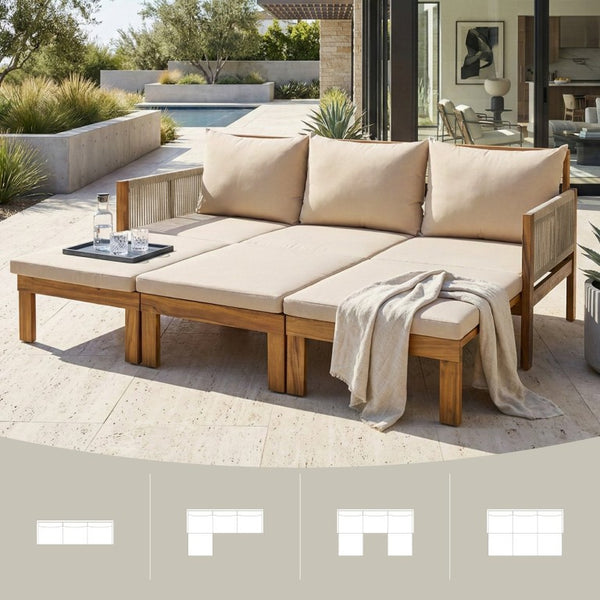 English Elm Outdoor Acacia Wood Daybed Sofa with Rope Woven Arms Converts to Poolside Sunbed Brown N719Z000260D