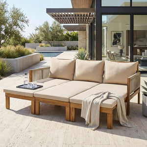 English Elm Outdoor Acacia Wood Daybed Sofa with Rope Woven Arms Converts to Poolside Sunbed Brown N719Z000260D