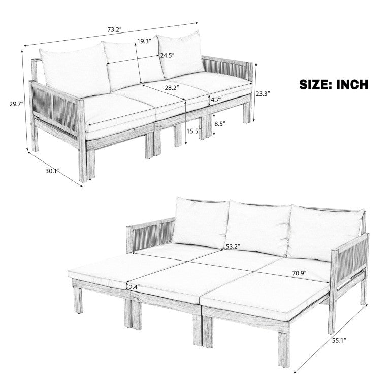 English Elm Outdoor Acacia Wood Daybed Sofa with Rope Woven Arms and Waterproof Grey Cushions N719Z000260E