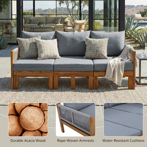 English Elm Outdoor Acacia Wood Daybed Sofa with Rope Woven Arms and Waterproof Grey Cushions N719Z000260E