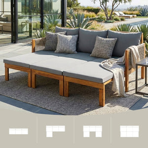 English Elm Outdoor Acacia Wood Daybed Sofa with Rope Woven Arms and Waterproof Grey Cushions N719Z000260E
