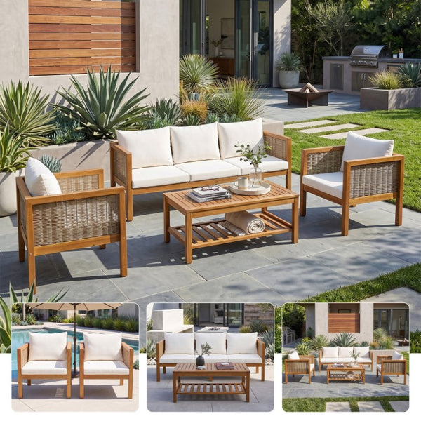 English Elm 4 Piece Acacia Wood Rattan Outdoor Sofa Set with Slatted Coffee Table for Patios 4-Piece Set Beige N719Z000270A