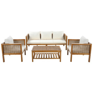 English Elm 4 Piece Acacia Wood Rattan Outdoor Sofa Set with Slatted Coffee Table for Patios 4-Piece Set Beige N719Z000270A