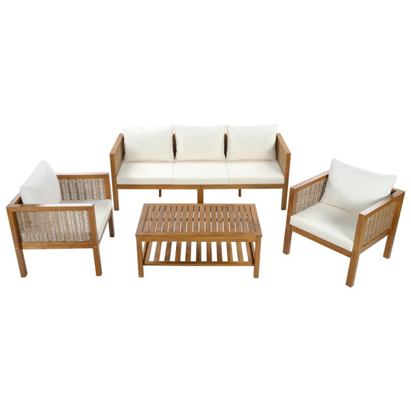 English Elm 4 Piece Acacia Wood Rattan Outdoor Sofa Set with Slatted Coffee Table for Patios 4-Piece Set Beige N719Z000270A