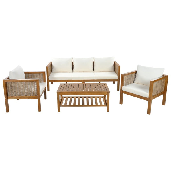 English Elm 4 Piece Acacia Wood Rattan Outdoor Sofa Set with Slatted Coffee Table for Patios 4-Piece Set Beige N719Z000270A